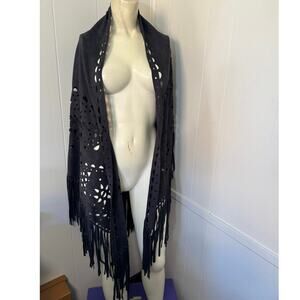 bebe Black Laser-Cut Faux Suede Fringe Shawl Wrap Poncho OS